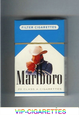 Marlboro with cowboy with cigarette white and blue cigarettes hard box