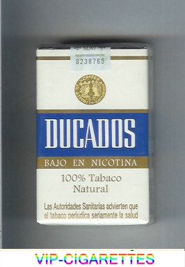 Ducados Bajo En Nicotina 100% Tabaco Natural white and blue and gold cigarettes soft box