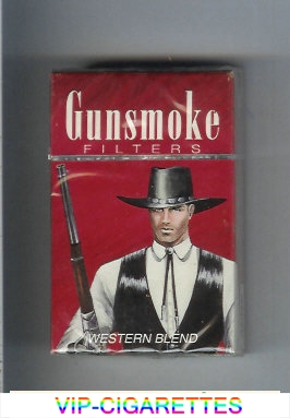 Gunsmoke Western Blend Filters with cowboy brown cigarettes hard box